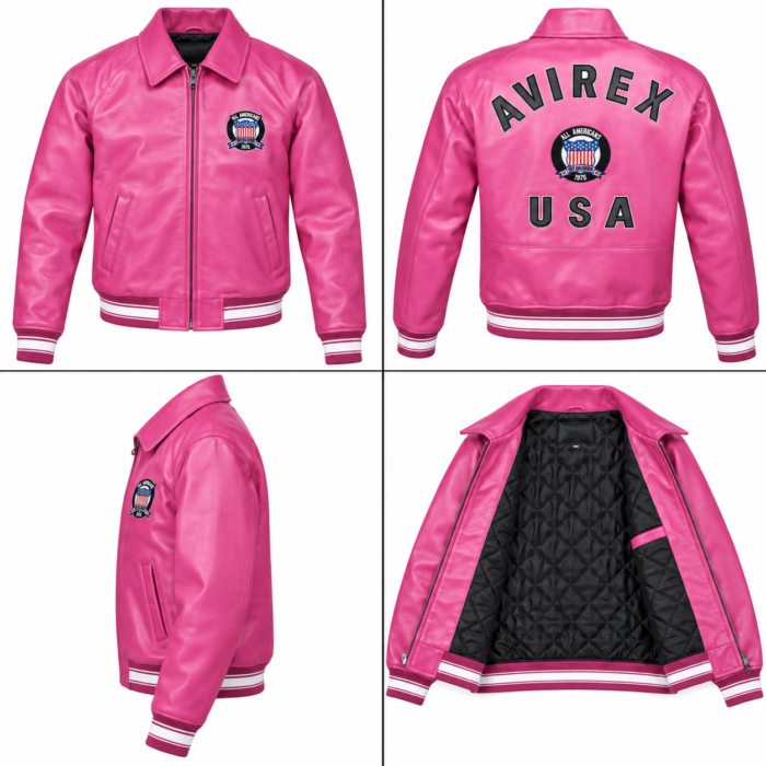Avirex Pink Leather Bomber Jacket USA Logo | Blackstone Jackets