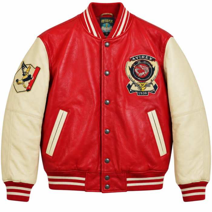 Avirex World Series 1939 Red Leather Varsity Bomber Jacket | Blackstone Jackets