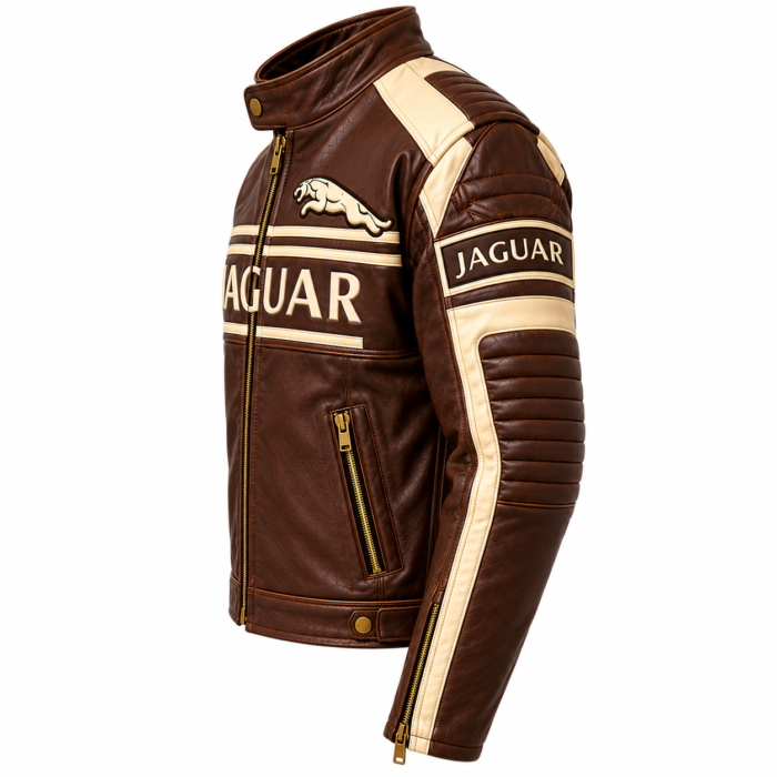 Brown Jaguar Racing Leather Biker Jacket with Cream Panels | Blackstone Jackets - Image 4