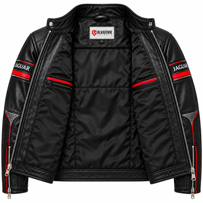 Jaguar Black Racing Leather Jacket with Red Accents | Blackstone Jackets