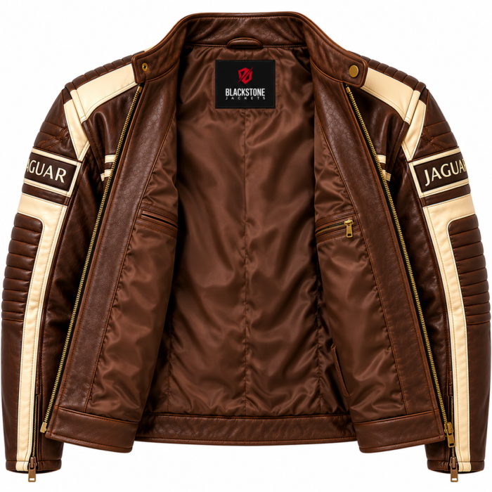 Brown Jaguar Racing Leather Biker Jacket with Cream Panels | Blackstone Jackets - Image 5