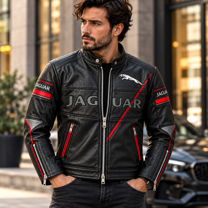 Jaguar Black Racing Leather Jacket with Red Accents | Blackstone Jackets