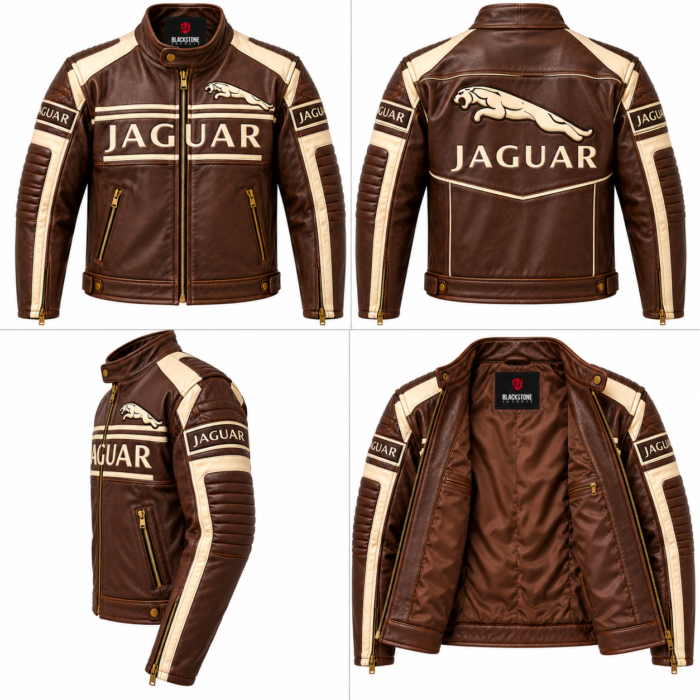 Brown Jaguar Racing Leather Biker Jacket with Cream Panels | Blackstone Jackets - Image 6
