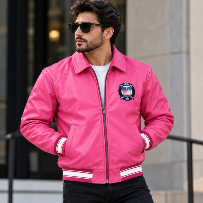 Avirex Pink Leather Bomber Jacket USA Logo | Blackstone Jackets