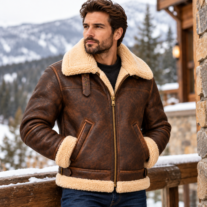 Dakota Espresso With Tan Shearling Men's B-3 Shearling Flight Leather Jacket | Blackstone Jackets