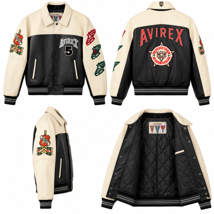 Avirex Cream and Black Leather Varsity Bomber Jacket | Blackstone Jackets