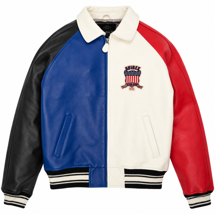 Avirex USA Red White Blue Leather Bomber Jacket | Blackstone Jackets