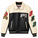 Avirex Cream and Black Leather Varsity Bomber Jacket | Blackstone Jackets