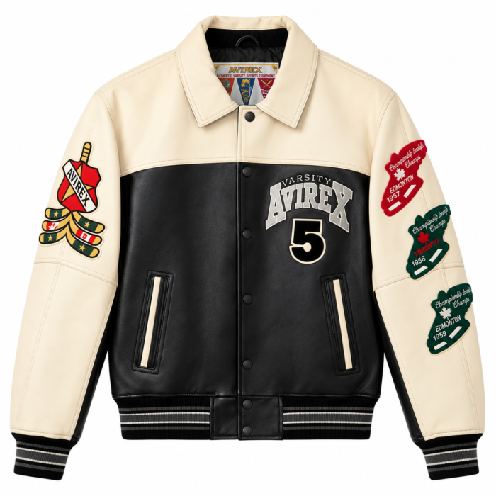4.2white avirex jacket (2) Avirex Cream and Black Leather Varsity Bomber Jacket | Blackstone Jackets