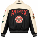 Avirex Cream and Black Leather Varsity Bomber Jacket | Blackstone Jackets