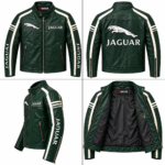Jaguar Dark Green Leather Racing Biker Jacket | Blackstone Jackets