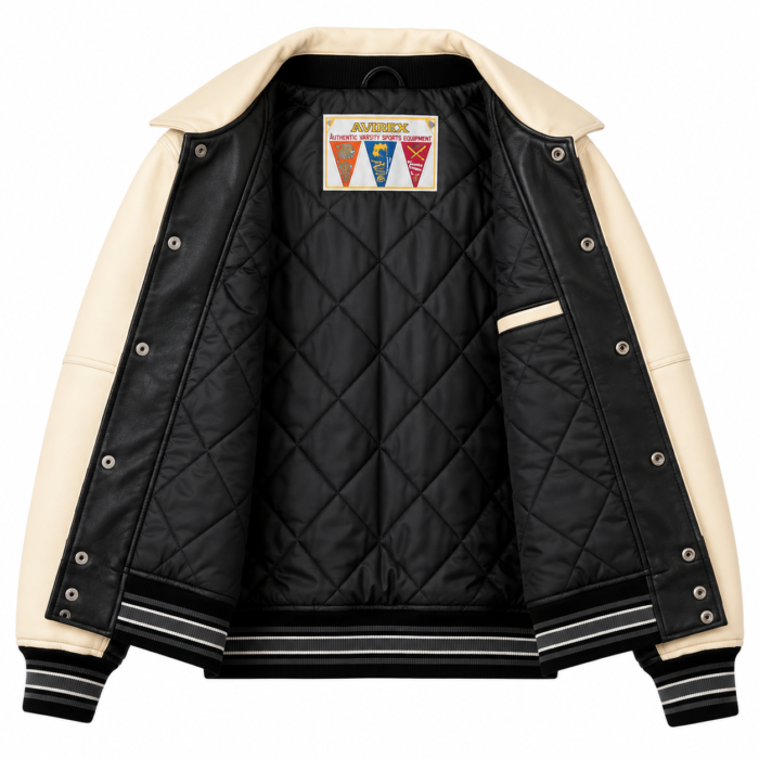 Avirex Cream and Black Leather Varsity Bomber Jacket | Blackstone Jackets