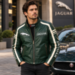 Jaguar Dark Green Leather Racing Biker Jacket | Blackstone Jackets