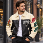 Avirex Cream and Black Leather Varsity Bomber Jacket | Blackstone Jackets