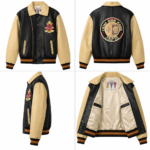 Avirex Black and Cream Leather Varsity Bomber Jacket | Blackstone Jackets
