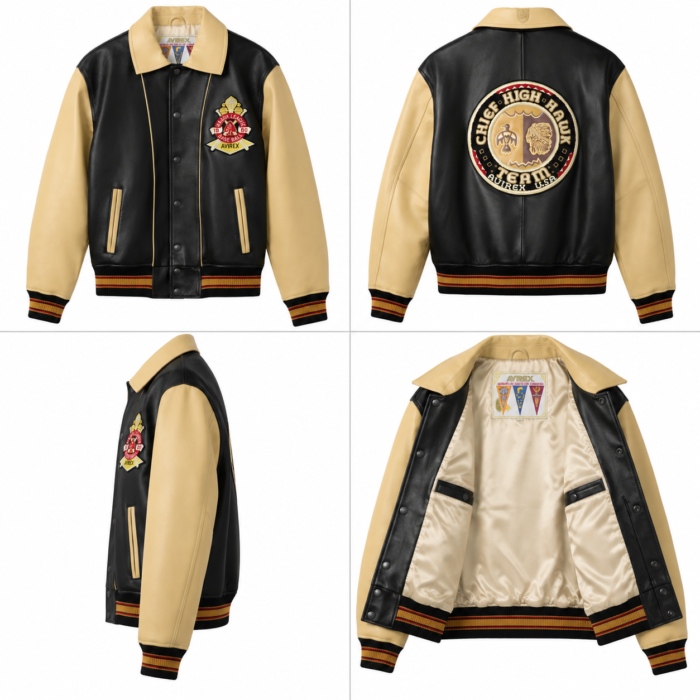 Avirex Black and Cream Leather Varsity Bomber Jacket | Blackstone Jackets