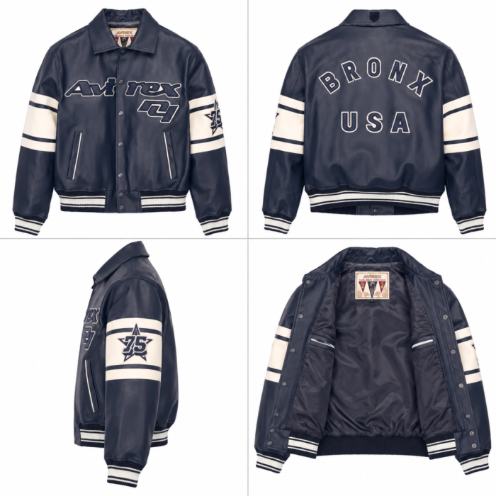 Avirex Bronx Navy Blue Leather Varsity Bomber Jacket | Blackstone Jackets