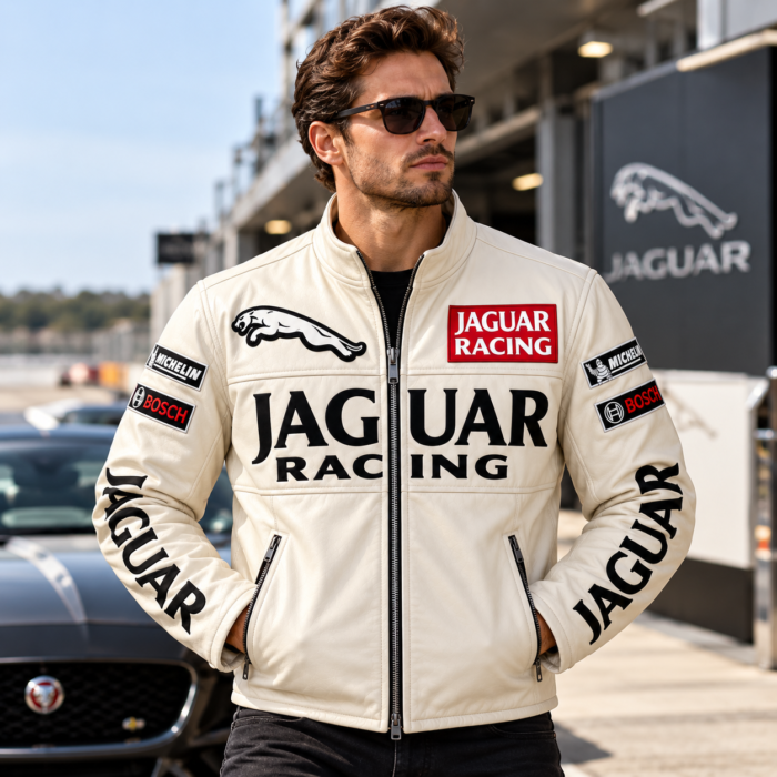 Jaguar Racing White Leather Racer Jacket | Blackstone Jackets