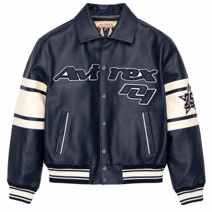 5.2 jacket leather (2) Avirex Bronx Navy Blue Leather Varsity Bomber Jacket | Blackstone Jackets