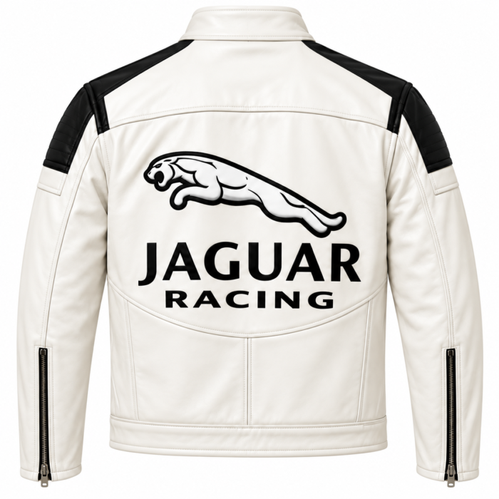 White Jaguar Racing Leather Biker Jacket with Black Panels | Blackstone Jackets