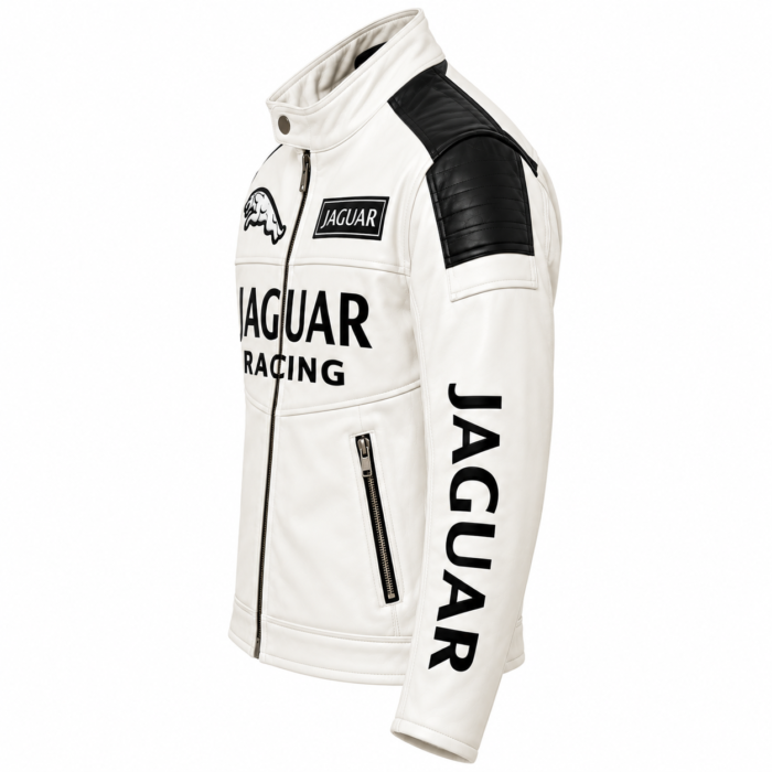 White Jaguar Racing Leather Biker Jacket with Black Panels | Blackstone Jackets