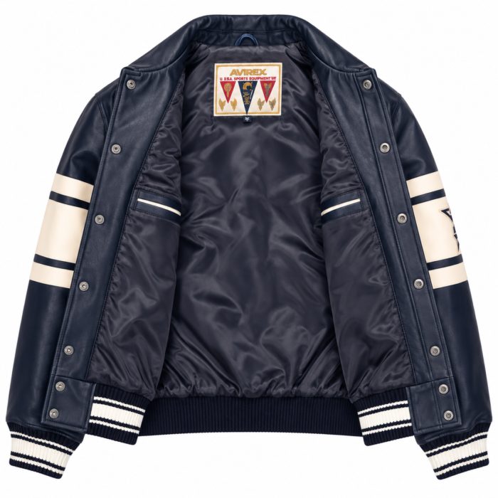 Avirex Bronx Navy Blue Leather Varsity Bomber Jacket | Blackstone Jackets