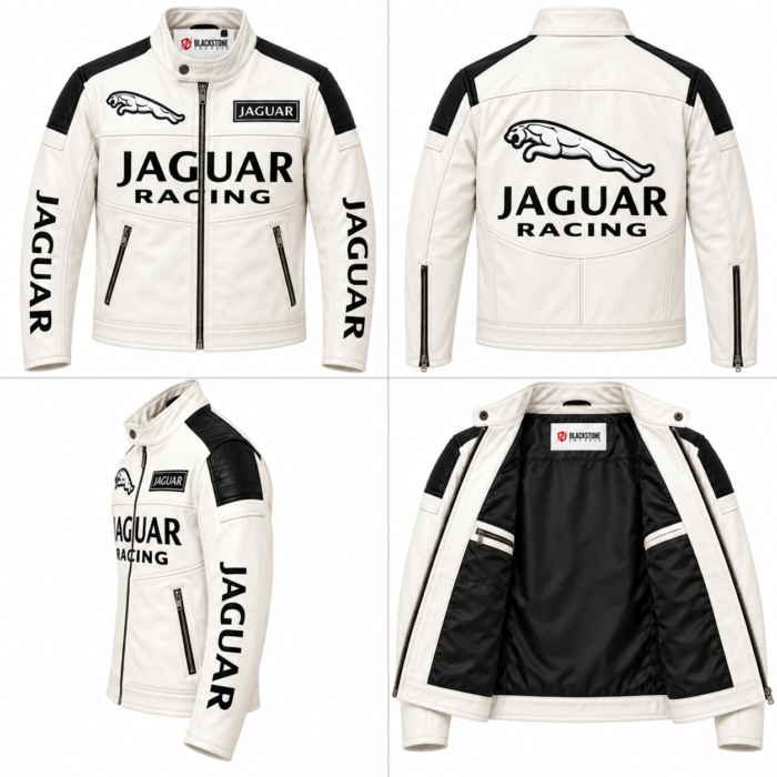 White Jaguar Racing Leather Biker Jacket with Black Panels | Blackstone Jackets