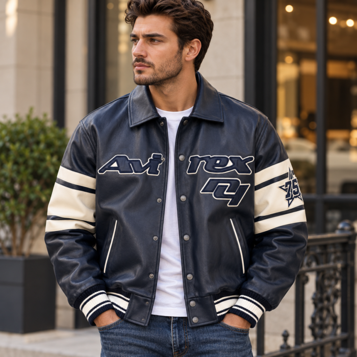 Avirex Bronx Navy Blue Leather Varsity Bomber Jacket | Blackstone Jackets