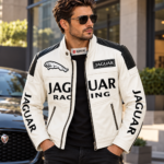 White Jaguar Racing Leather Biker Jacket with Black Panels | Blackstone Jackets - Image 2