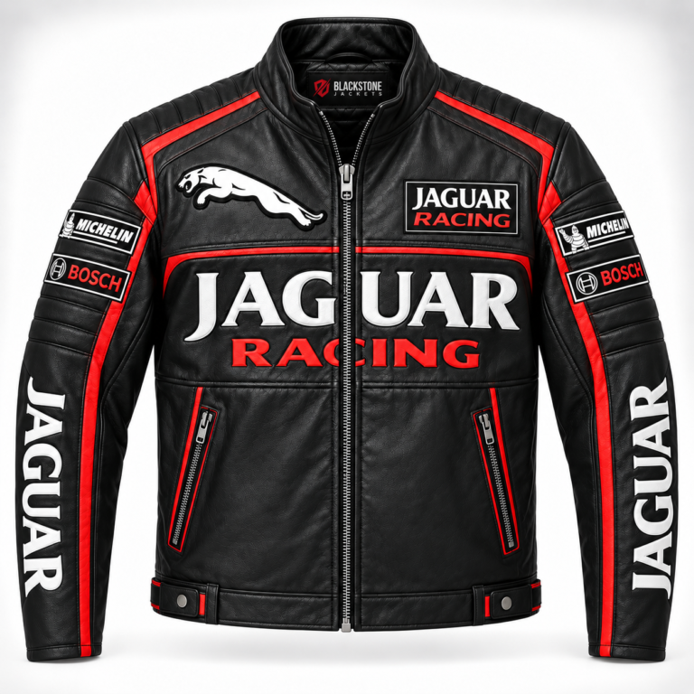 Jaguar Racing Black & Red Leather Racer Jacket | Blackstone Jackets