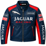 Jaguar Racing Navy Blue Leather Biker Jacket with Red Panels | Blackstone Jackets
