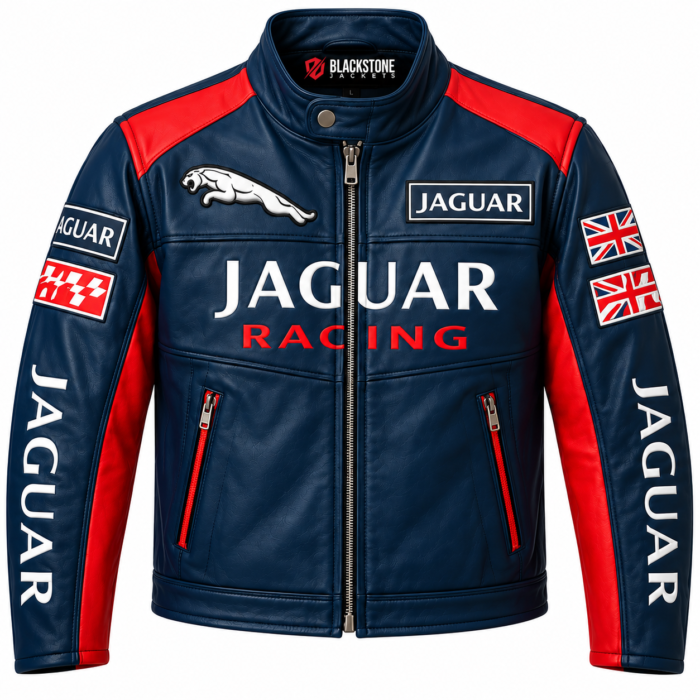 Jaguar Racing Navy Blue Leather Biker Jacket with Red Panels | Blackstone Jackets