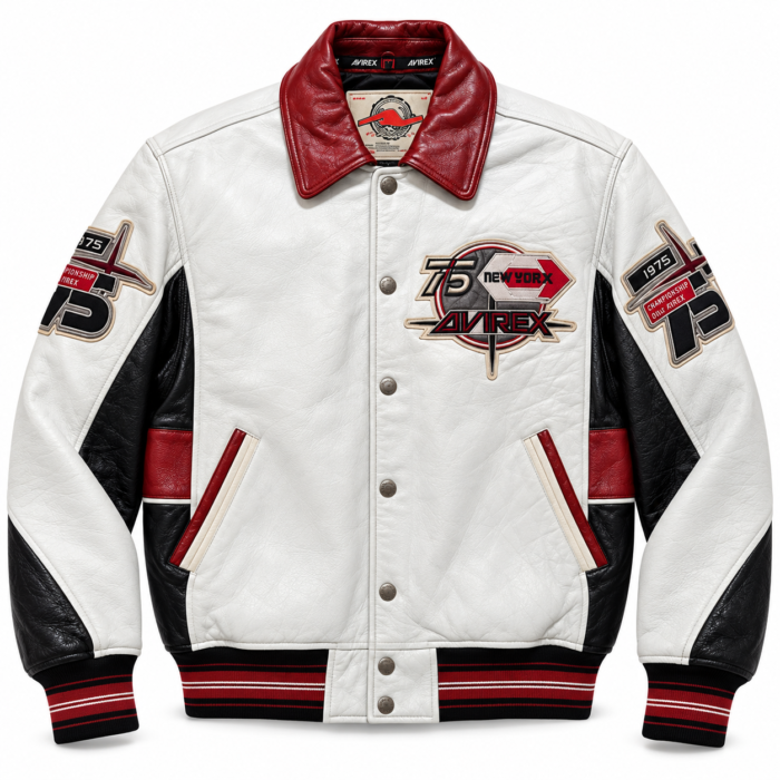 Avirex 1975 White Red Black Leather Varsity Bomber Jacket | Blackstone Jackets