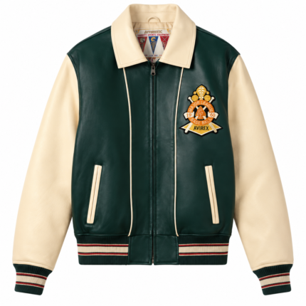 Avirex Green and Cream Leather Varsity Bomber Jacket | Blackstone Jackets