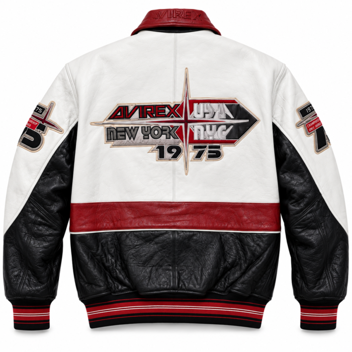 Avirex 1975 White Red Black Leather Varsity Bomber Jacket | Blackstone Jackets