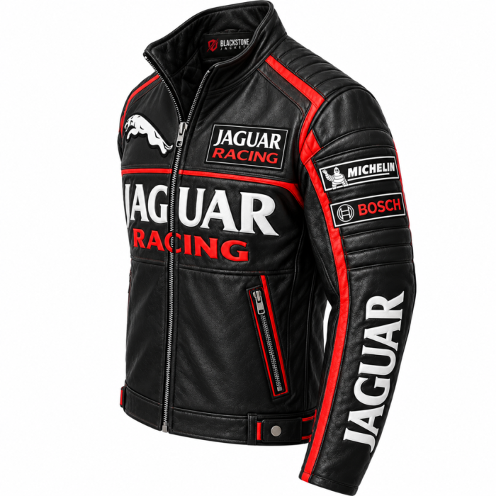 Jaguar Racing Black & Red Leather Racer Jacket | Blackstone Jackets