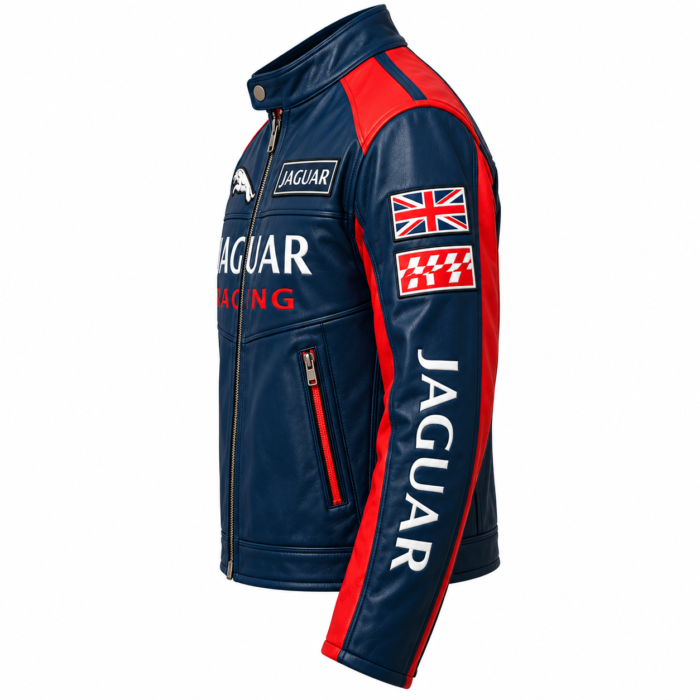 Jaguar Racing Navy Blue Leather Biker Jacket with Red Panels | Blackstone Jackets