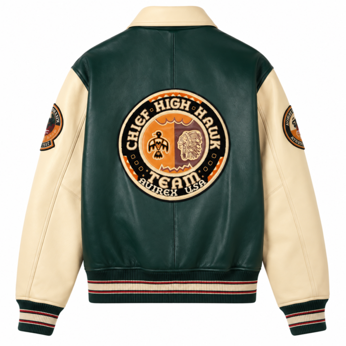 Avirex Green and Cream Leather Varsity Bomber Jacket | Blackstone Jackets