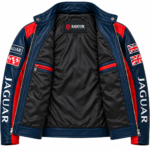 Jaguar Racing Navy Blue Leather Biker Jacket with Red Panels | Blackstone Jackets