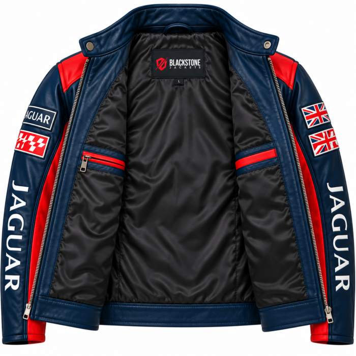 Jaguar Racing Navy Blue Leather Biker Jacket with Red Panels | Blackstone Jackets