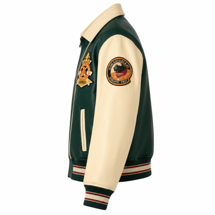 Avirex Green and Cream Leather Varsity Bomber Jacket | Blackstone Jackets
