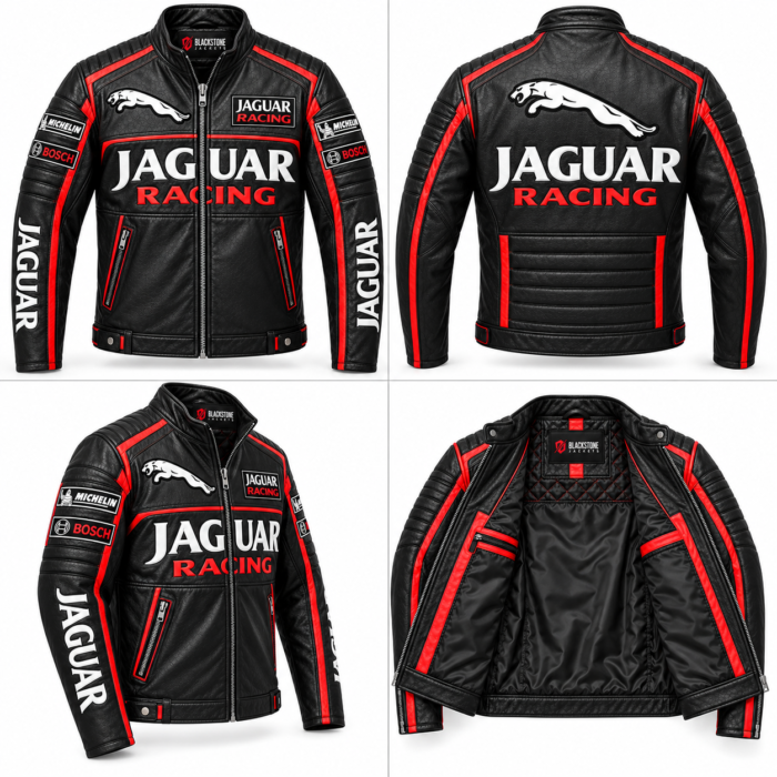 Jaguar Racing Black & Red Leather Racer Jacket | Blackstone Jackets