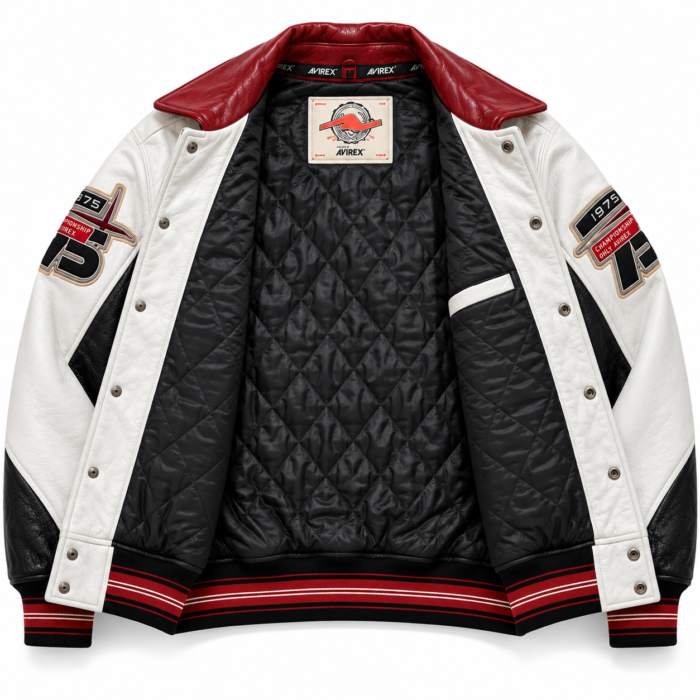 Avirex 1975 White Red Black Leather Varsity Bomber Jacket | Blackstone Jackets