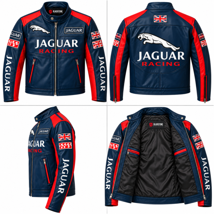Jaguar Racing Navy Blue Leather Biker Jacket with Red Panels | Blackstone Jackets