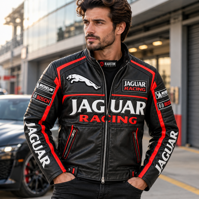 Jaguar Racing Black & Red Leather Racer Jacket | Blackstone Jackets