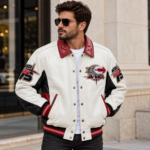 Avirex 1975 White Red Black Leather Varsity Bomber Jacket | Blackstone Jackets