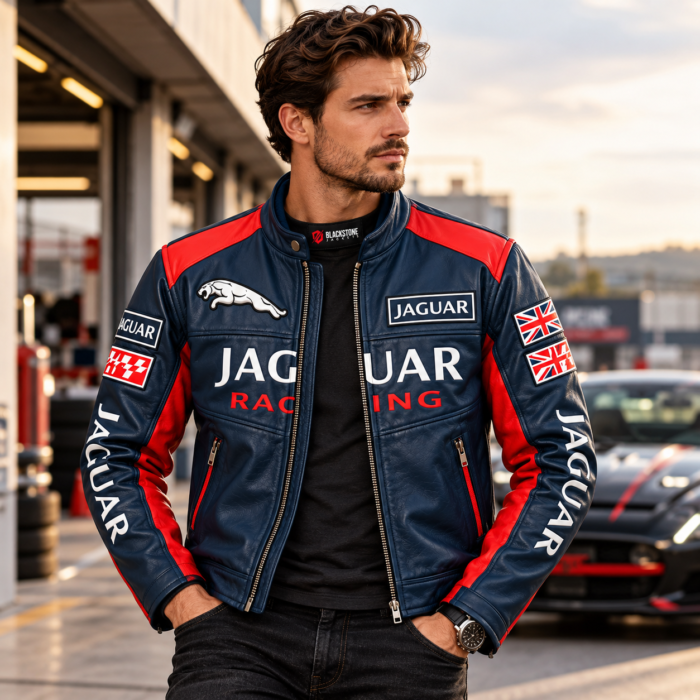 Jaguar Racing Navy Blue Leather Biker Jacket with Red Panels | Blackstone Jackets