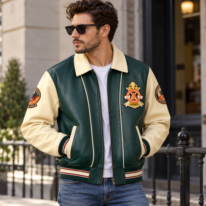 Avirex Green and Cream Leather Varsity Bomber Jacket | Blackstone Jackets