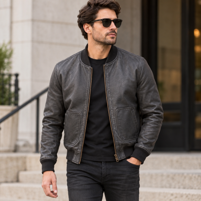 Nomad Charcoal Men's Classic Flight Leather Jacket | Blackstone Jackets