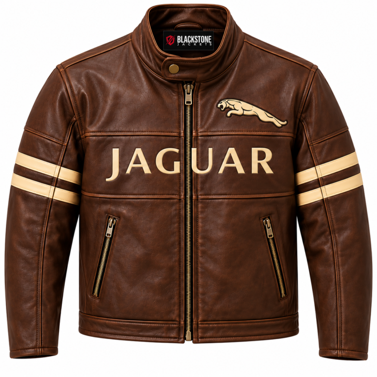 Jaguar Brown Leather Racing Jacket with Cream Stripes | Blackstone Jackets